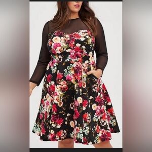 torrid Black Floral Midi Dress with Pink & Red Roses